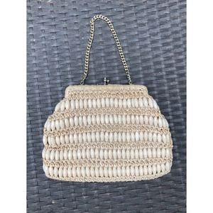 Vintage Beaded Raffia Handbag, circa 1960s I Cream Beaded Clutch Purse